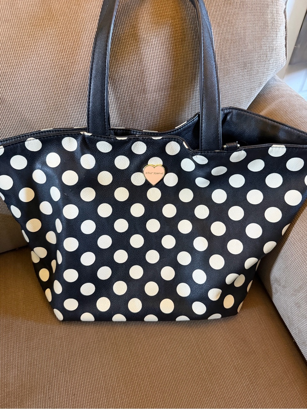 Betsey Johnson Black & White Polka Dot Tote with Heart Logo